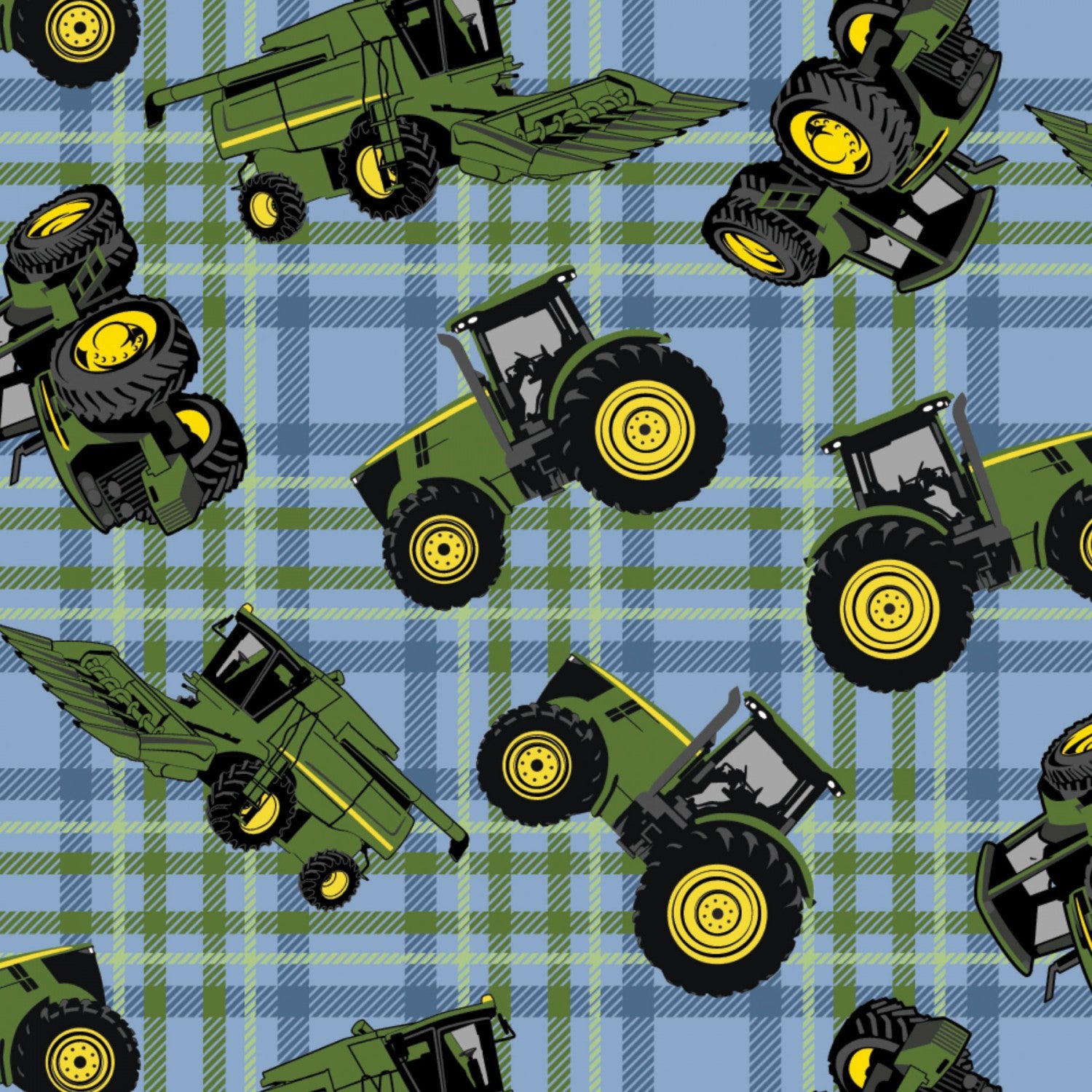 John Deere Tractors on Plaid Fabric by the yard, image size:1500x1500