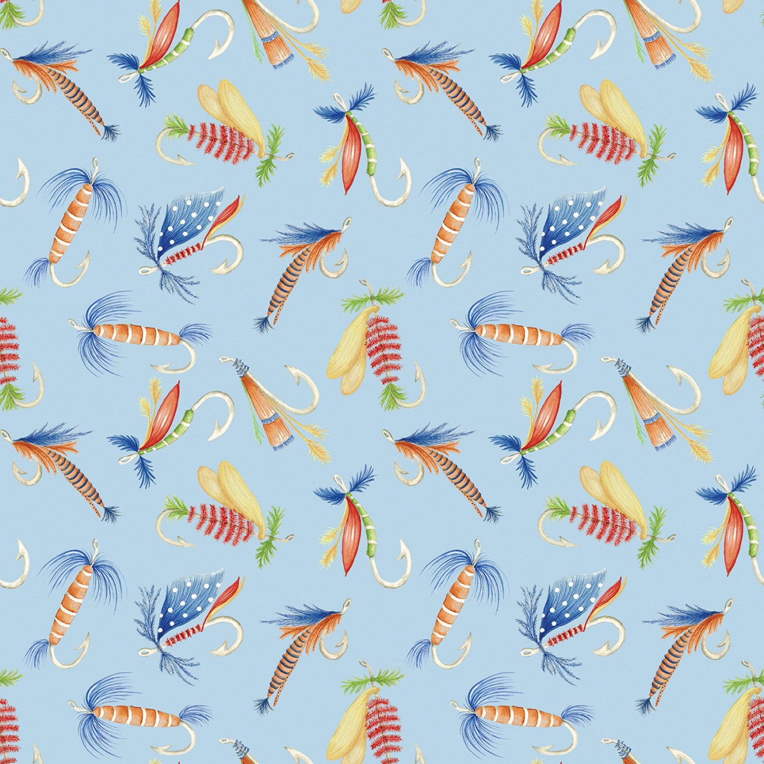 fabric with fishing lures Fishing Hooks Lures Blue Fabric by the yard