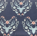 Floral Deer Reindeer Buck Woodland on Navy Fabric by the yard