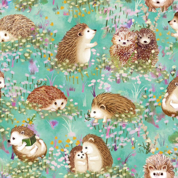 Hedgehog Village Turquoise Fabric by the yard
