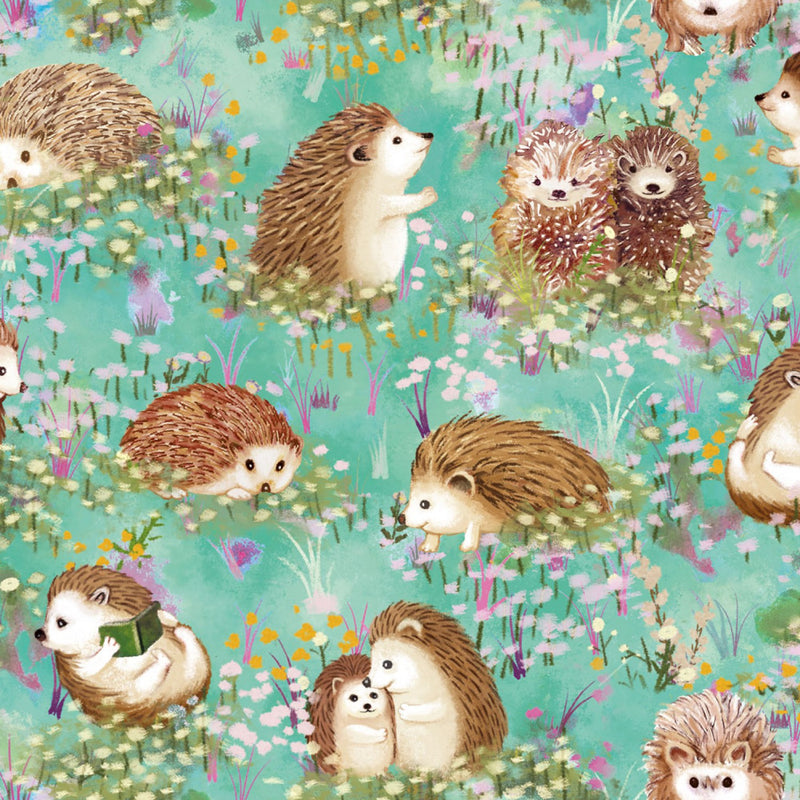 Hedgehog Village Turquoise Fabric by the yard