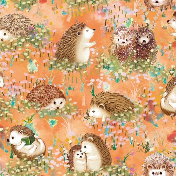Hedgehog Village Orange Fabric by the yard