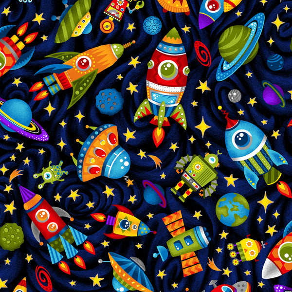 Launch Party Rocket Black  Stars and Planets Fabric by the yard