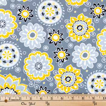 Daisy Floral Gray Yellow Fabric by the yard