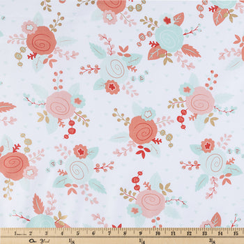 Piper Floral Roses Mint Peach Gold Fabric by the yard