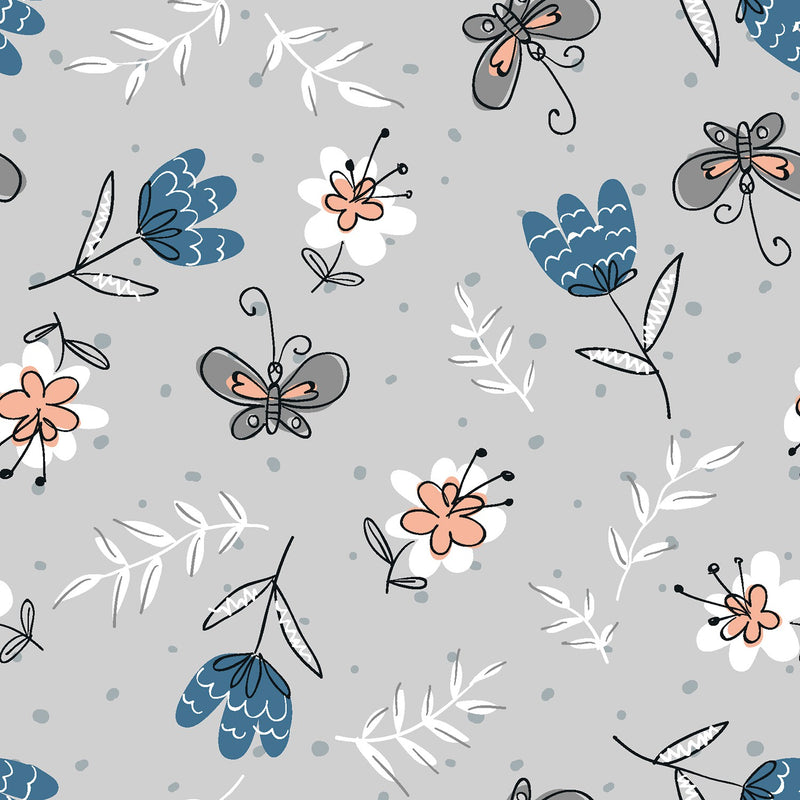 Cat's Meow Floral Gray Butterflies Floral Butterfly Fabric by the yard