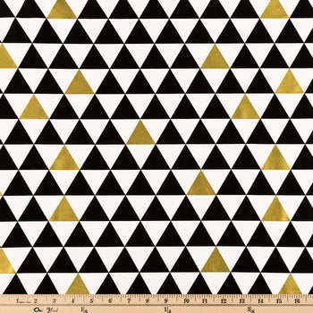 Triangle Black White Gold Geometric Fabric by the yard