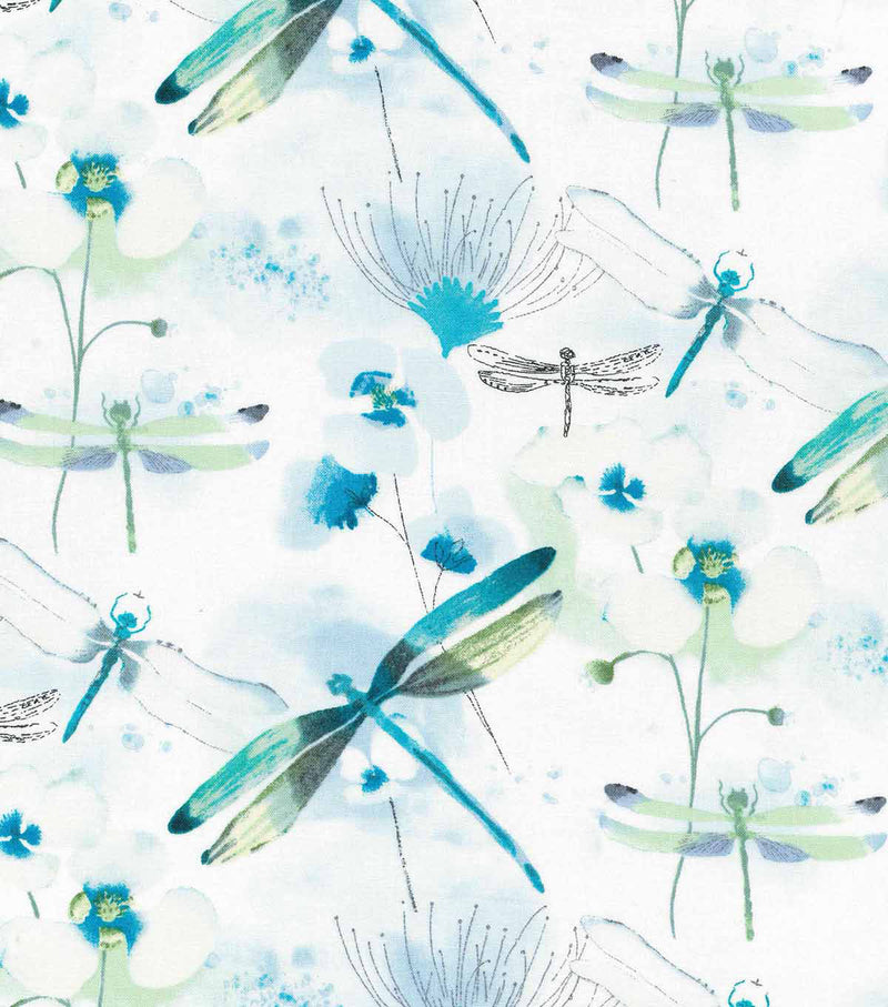 Dragonflies Floral Dragonfly on White Fabric by the yard