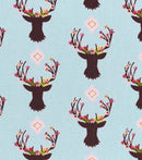 Floral Deer Reindeer Buck Fawn Woodland on Aqua Fabric by the yard