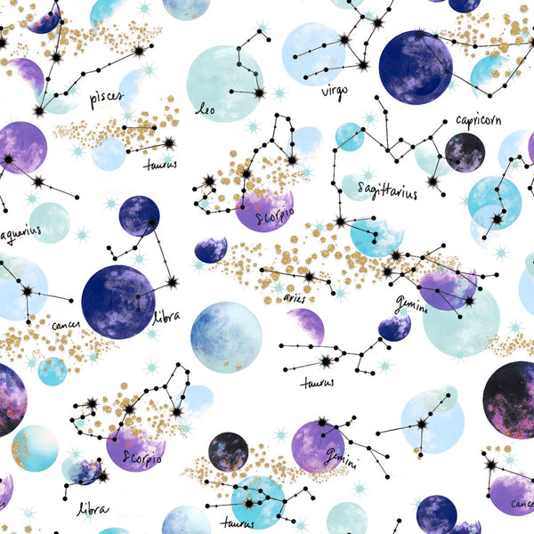Magical Galaxy Stars and Planets metallic Fabric by the yard