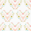 Floral Deer Reindeer Buck Woodland on White Fabric by the yard
