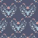 Floral Deer Reindeer Buck Woodland on Navy Fabric by the yard