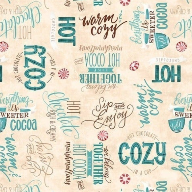 Cuppa Cocoa Coffee Marshmallow Script Fabric by the yard