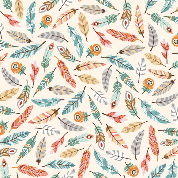 Camp A Long Critters Woodland Feathers on Cream Fabric by the yard