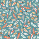 Camp A Long Critters Woodland Feathers on Teal Fabric by the yard