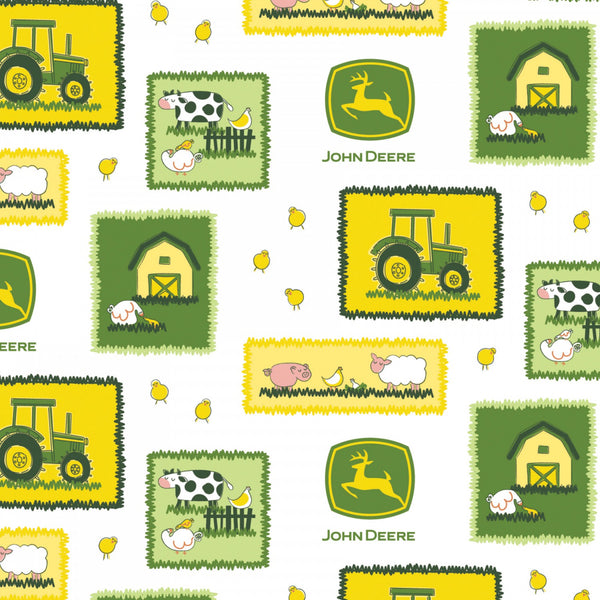 John Deere Tractor Farm Scene Patches Fabric by the yard
