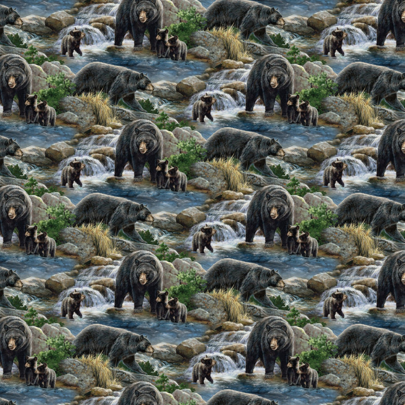Woodland Cool Waters Bear Scenic Fabric by the yard