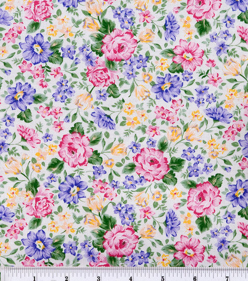 French Bouquet Pink and Lavender Roses Floral Fabric by the yard