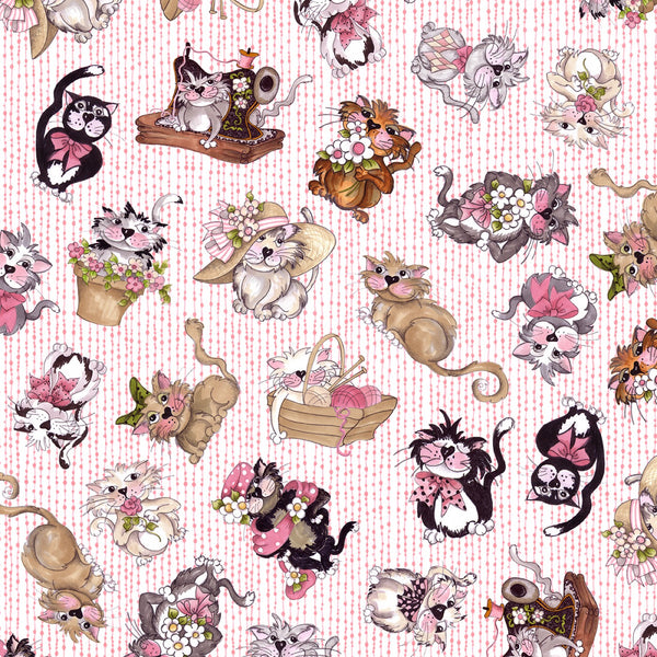 Tossed Fancy Cats Pink Kitten Animals Fabric by the yard