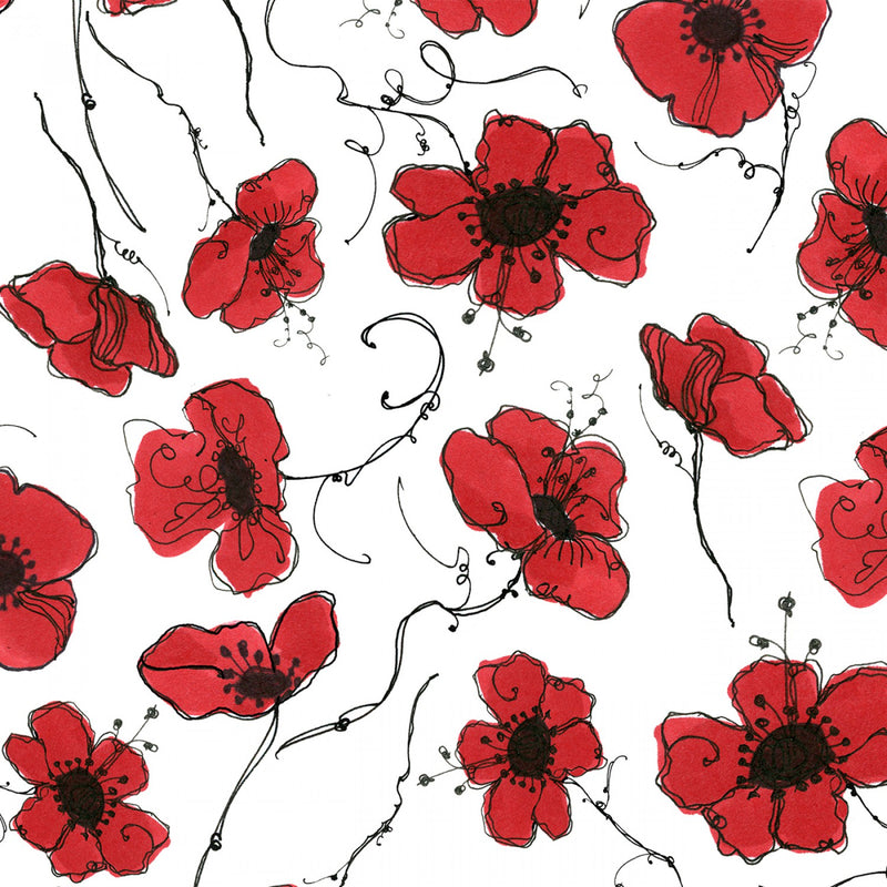 Poppy Floral Poppies on White Fabric by the yard