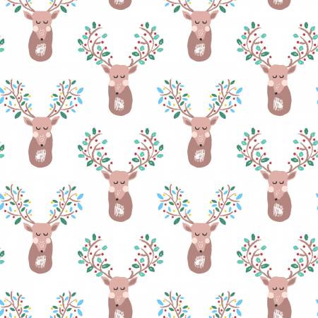Deer Reindeer Buck Fawn Woodland on White Fabric by the yard