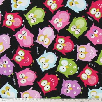 Owls on Black Fabric by the yard