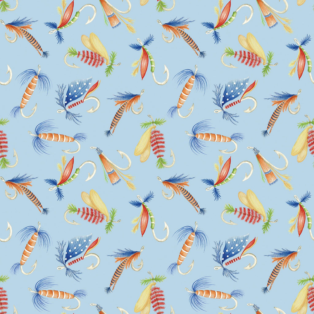 fabric with fish hooks Fishing Hooks Lures Blue Fabric by the yard