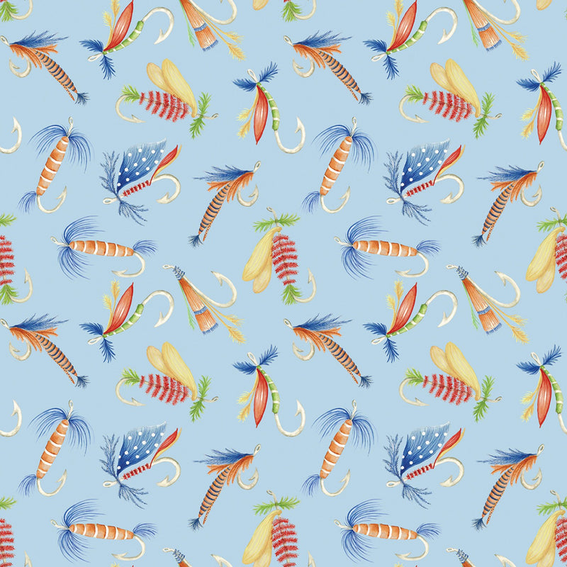Fishing Hooks Lures Blue Fabric by the yard