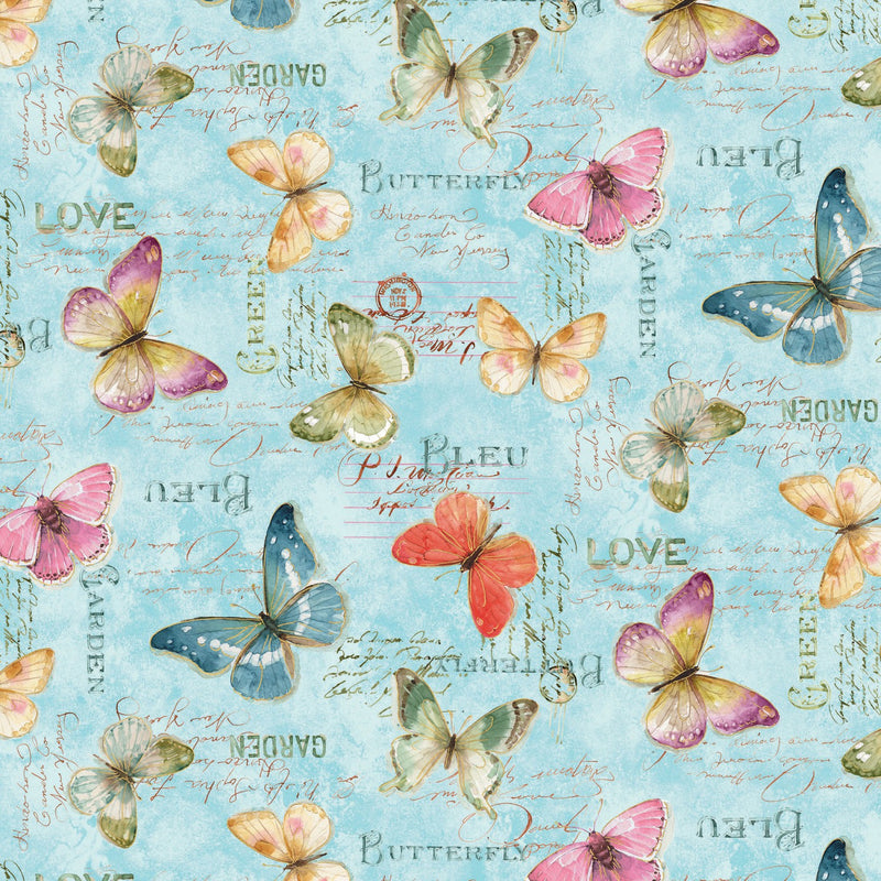Rainbow Seeds on Blue Butterflies Floral Butterfly Fabric by the yard