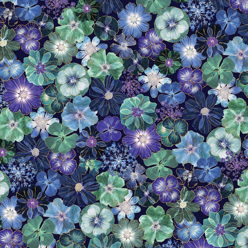 Daisy Floral Blue Turquoise Fabric by the yard