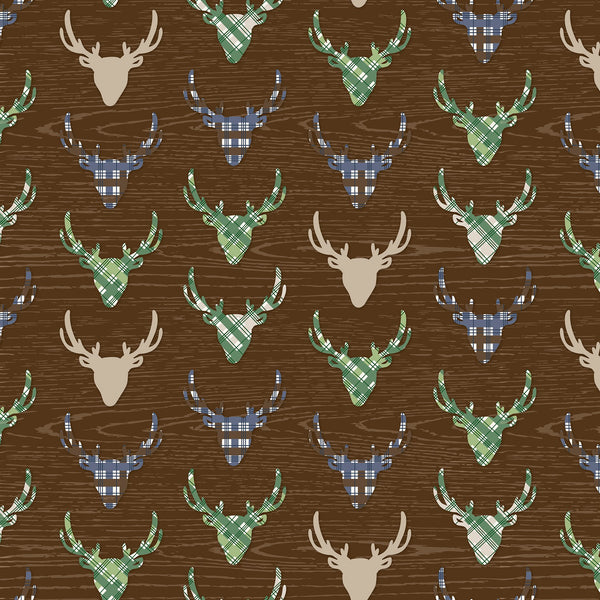 The Great Outdoors Brown Deer Reindeer Buck Woodland on White Fabric by the yard