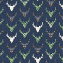 The Great Outdoors Navy Deer Reindeer Buck Woodland on White Fabric by the yard