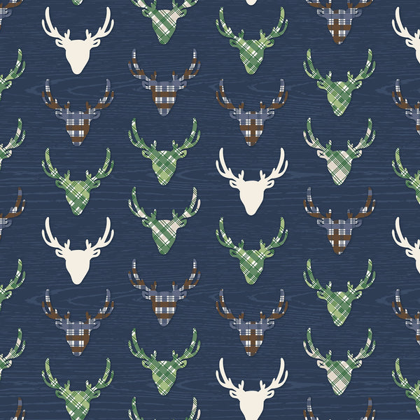 The Great Outdoors Navy Deer Reindeer Buck Woodland on White Fabric by the yard