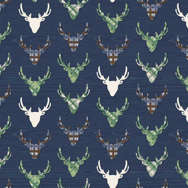 The Great Outdoors Navy Deer Reindeer Buck Woodland on White Fabric by the yard