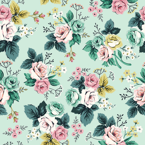 Splendor Mint Roses Floral Fabric by the yard