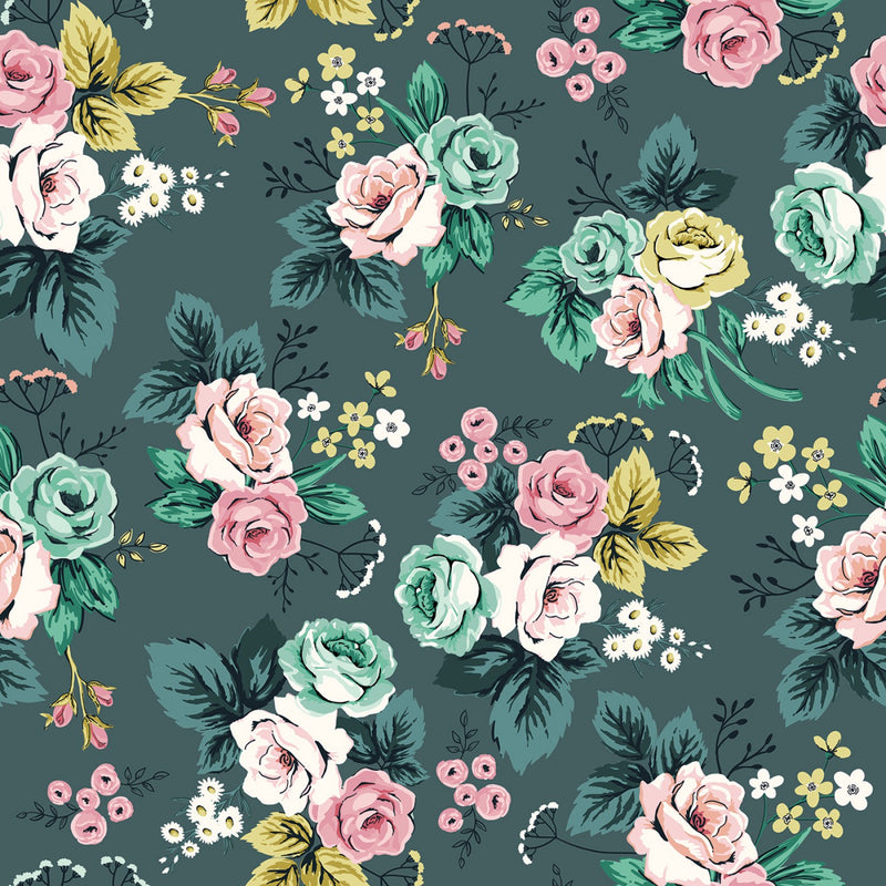 Splendor Teal Roses Floral Fabric by the yard