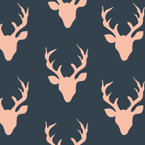 Fusion Buck Forest Peach on Navy Deer Reindeer Woodland Fabric by the yard