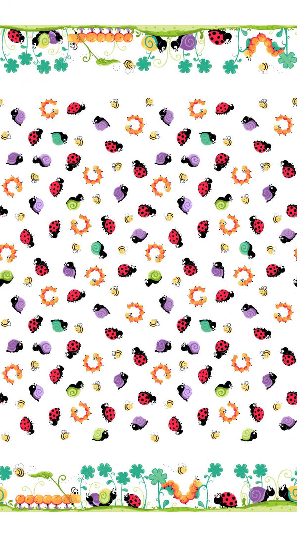 Leif Double Border Floral Snail Caterpillar Ladybug Fabric by the yard