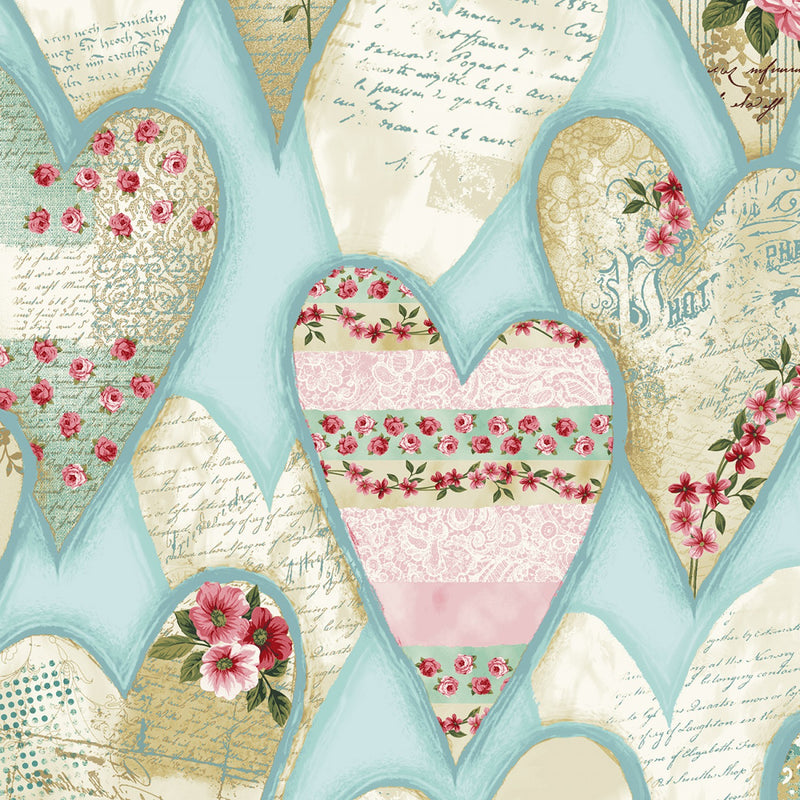 Valentine Hearts Shabby Blue Fabric by the yard