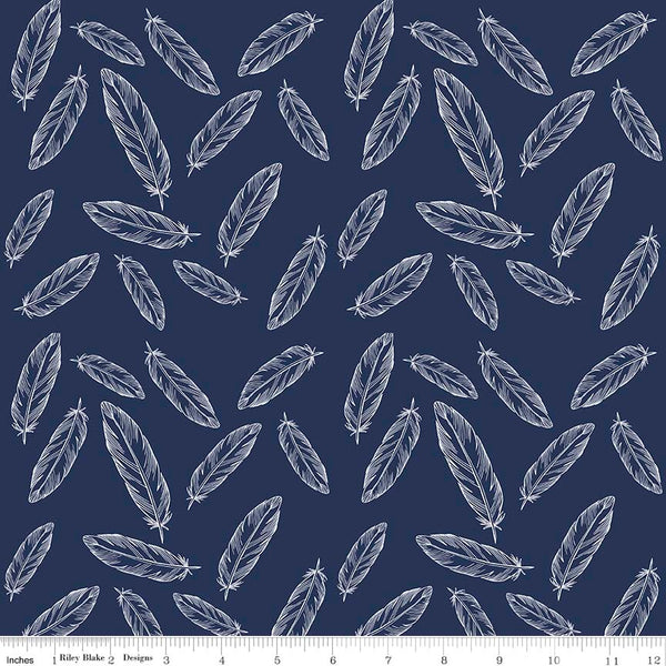 By Popular Demand Woodland Feathers Navy Fabric by the yard
