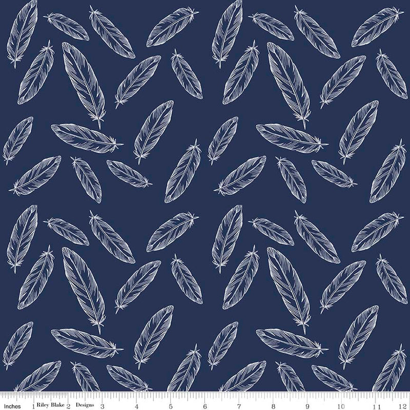 By Popular Demand Woodland Feathers Navy Fabric by the yard