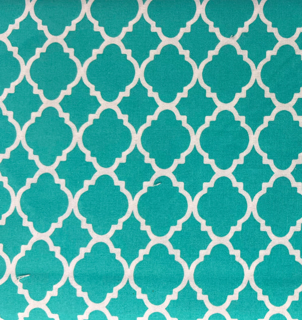 Turquoise Quatrefoil Lattice Geometric Fabric by the yard