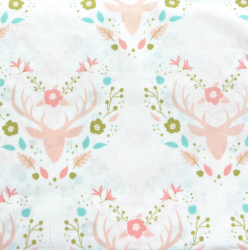 Floral Deer Reindeer Buck Woodland on White Fabric by the yard