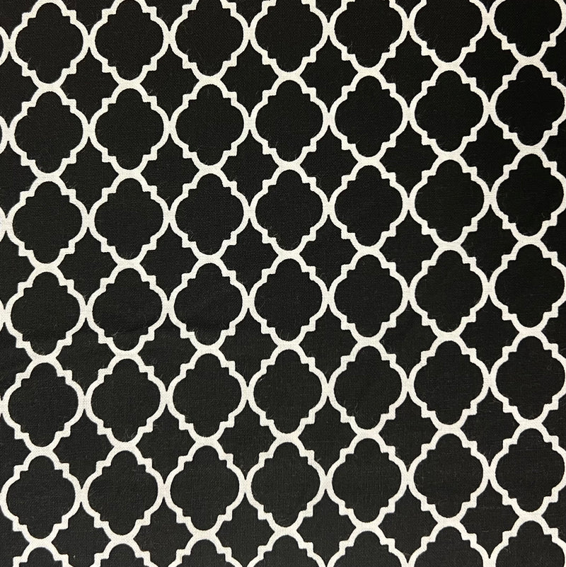Black Quatrefoil Lattice Geometric Fabric by the yard