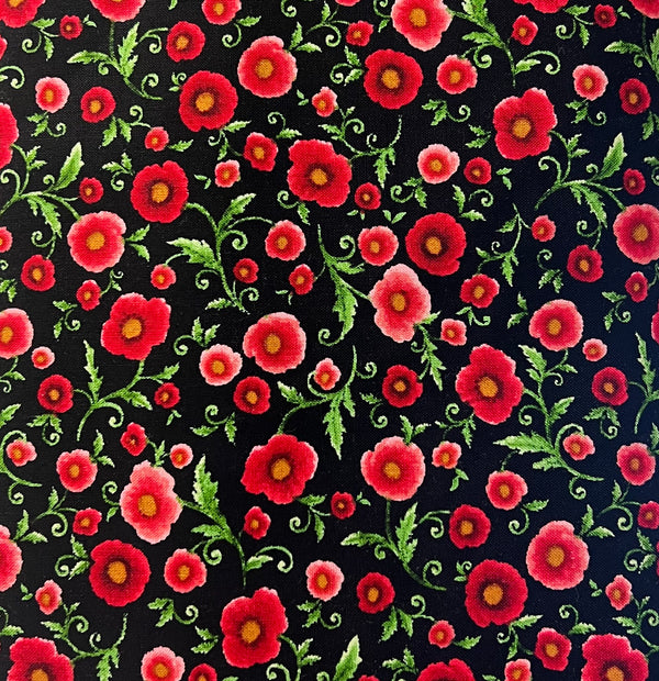 Allover Poppy Floral Poppies on Black Fabric by the yard
