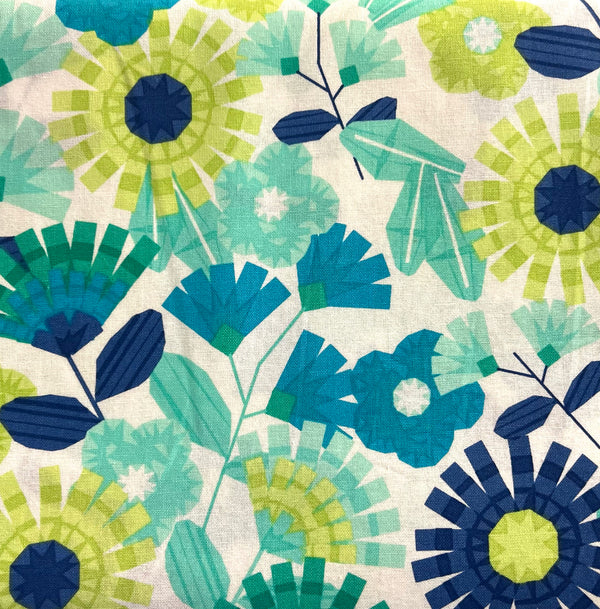Daisy Floral Blue Green Fabric by the yard