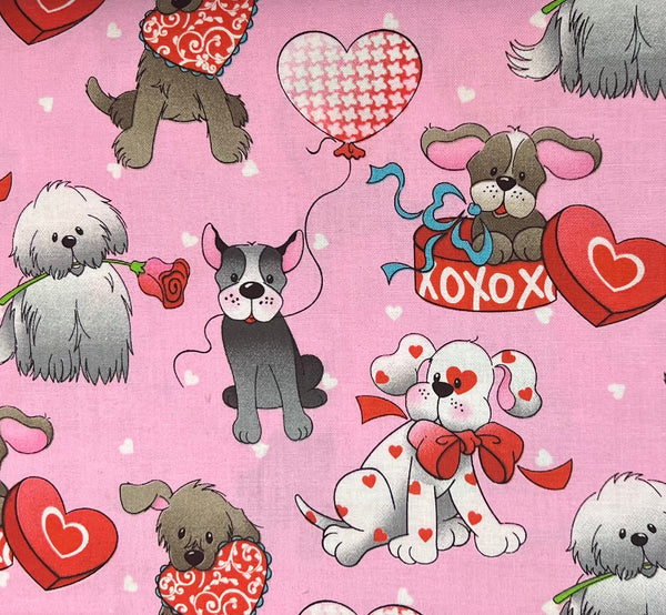 Dogs Puppy Valentine Hearts Fabric by the yard