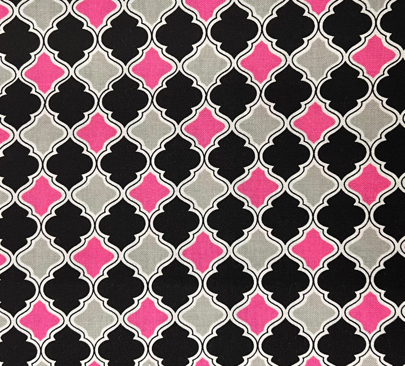 Black Fuchsia Quatrefoil Lattice Geometric Fabric by the yard