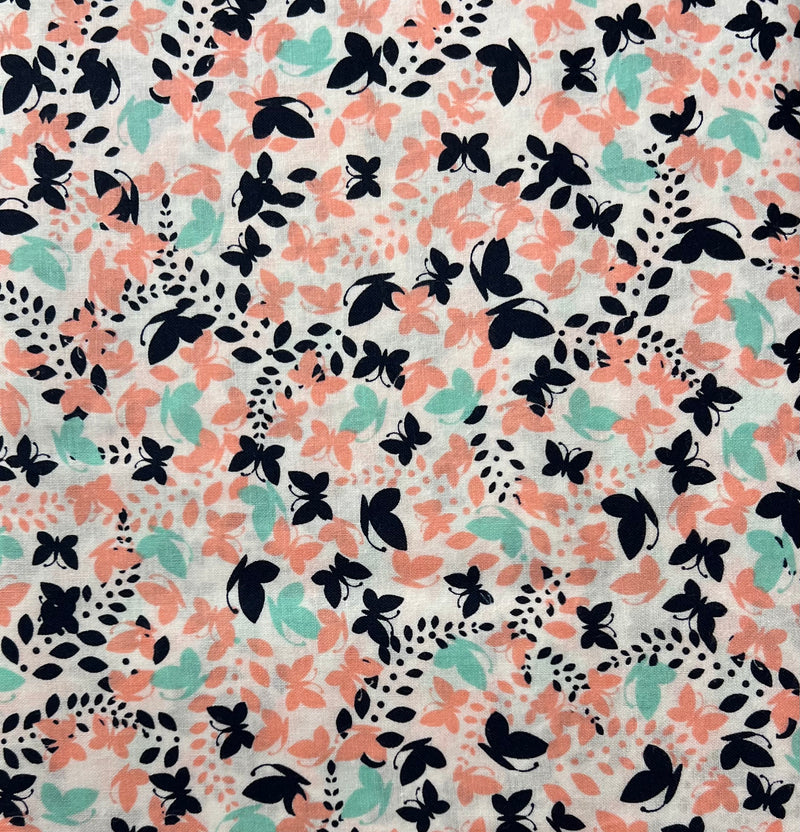 Nectar Yucca Butterflies Navy Peach Mint Butterfly Fabric by the yard