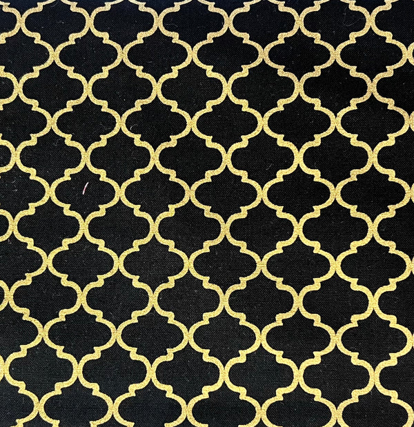 Black Gold Quatrefoil Lattice Geometric Fabric by the yard